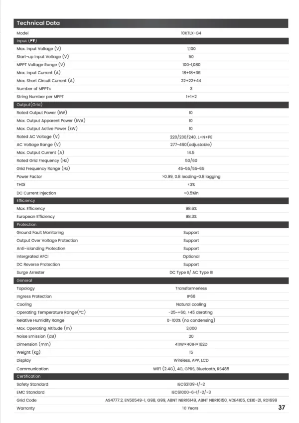 Maxpower Voltas 10kW On Grid Inverter Datasheet